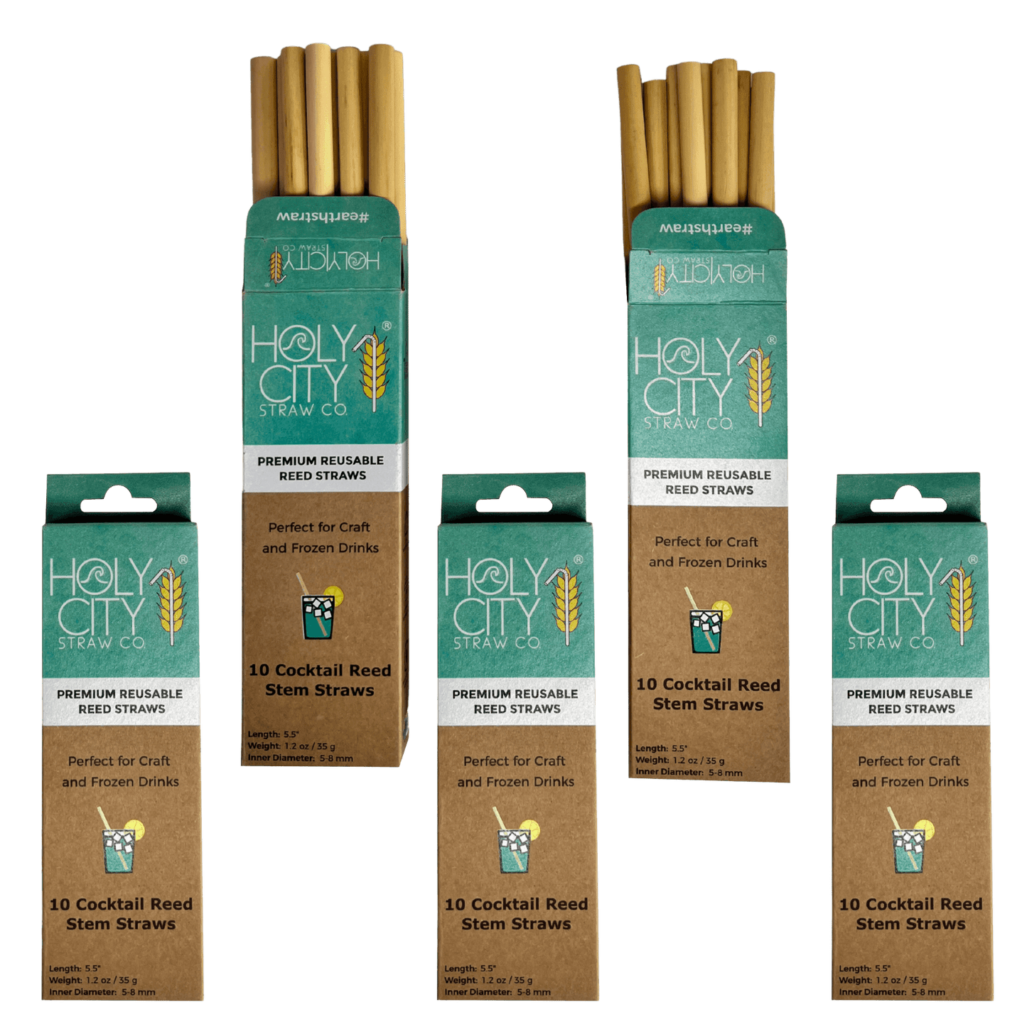Holy City Straw Company - Cocktail Reusable Reed Straws - 5 Pack Bundle