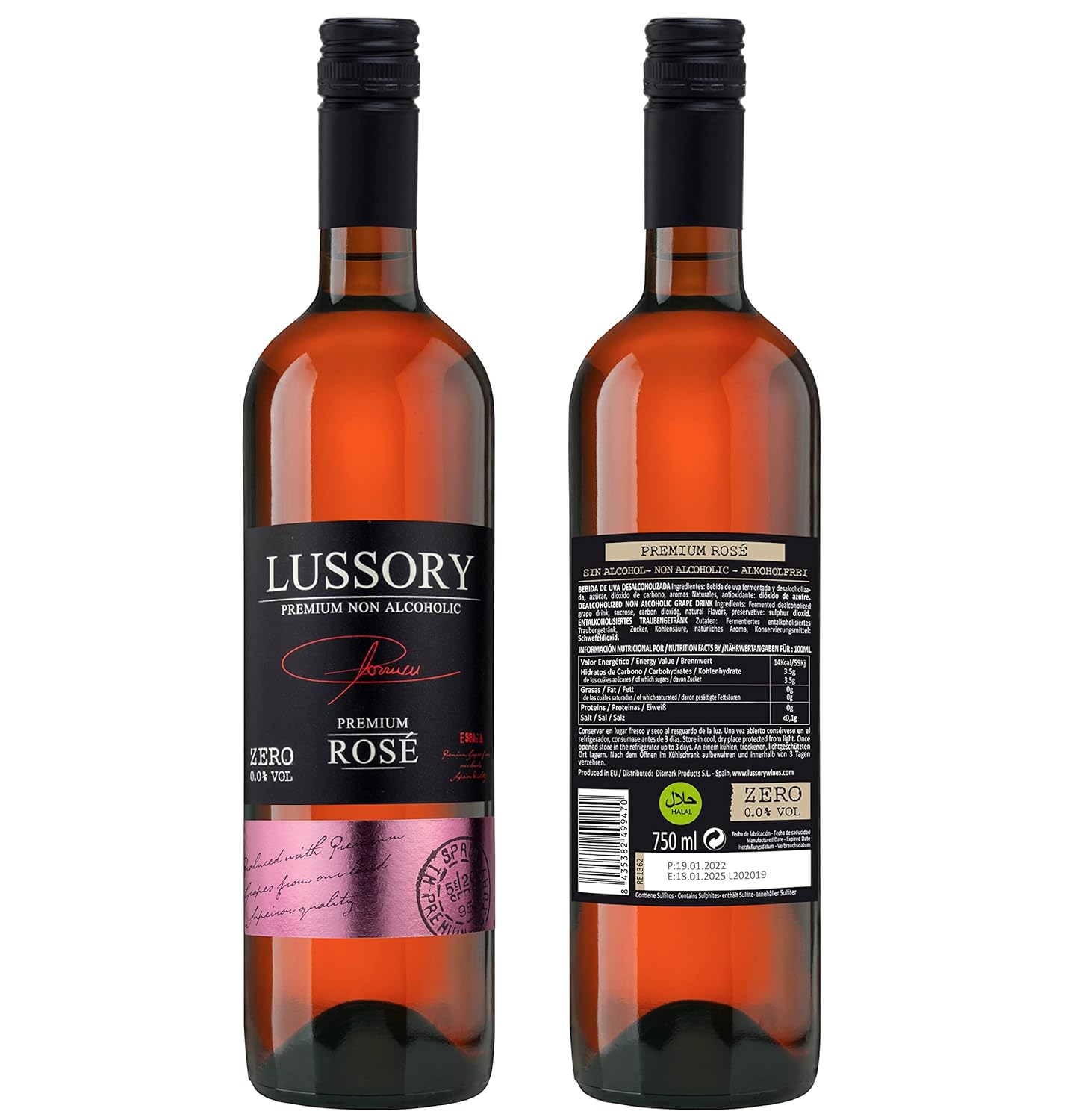 Lussory Premium (Spain) - Dealcoholized Rosé Wine - Low Calories, Low Sugar, Halal Certified - 750ml