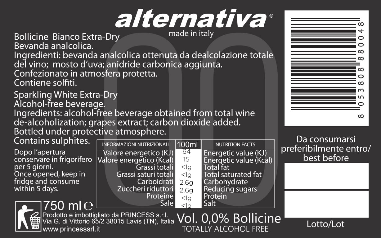 Princess Alternativa (Italy) - Bollicine Bianco Extra Dry Non-Alcoholic Sparkling White Wine - 750ml