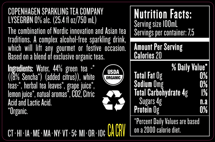 Copenhagen Sparkling Tea Company (Denmark) - Non-Alcoholic Sparkling Tea LYSEGRØN - 750ml