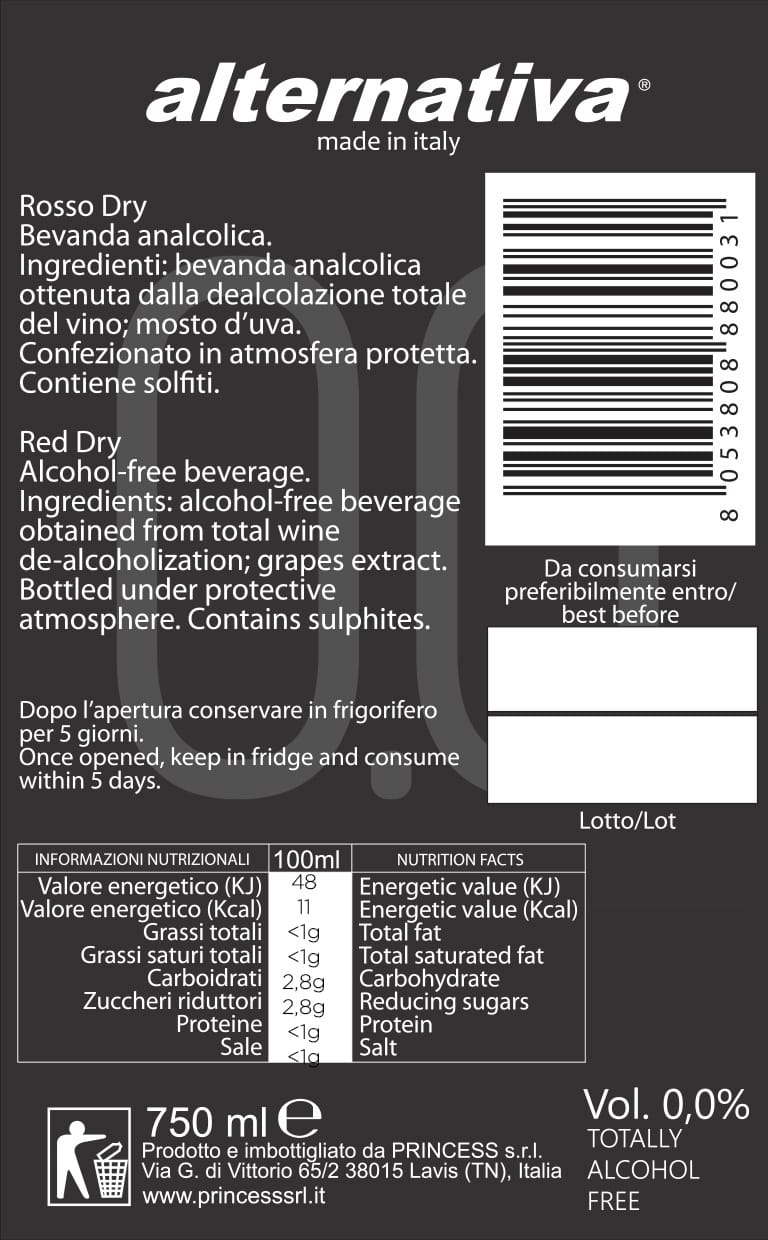Princess Alternativa (Italy) - Rosso Dry Non-Alcoholic Red Wine - 750ml