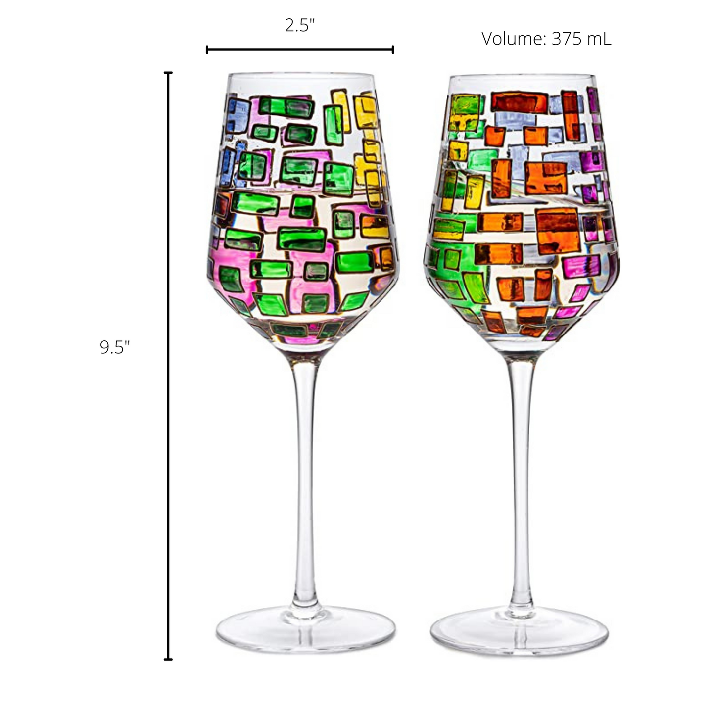 Renaissance Stained Glass Rainbow Stemmed Wine Glasses - Set of 2 - 12oz