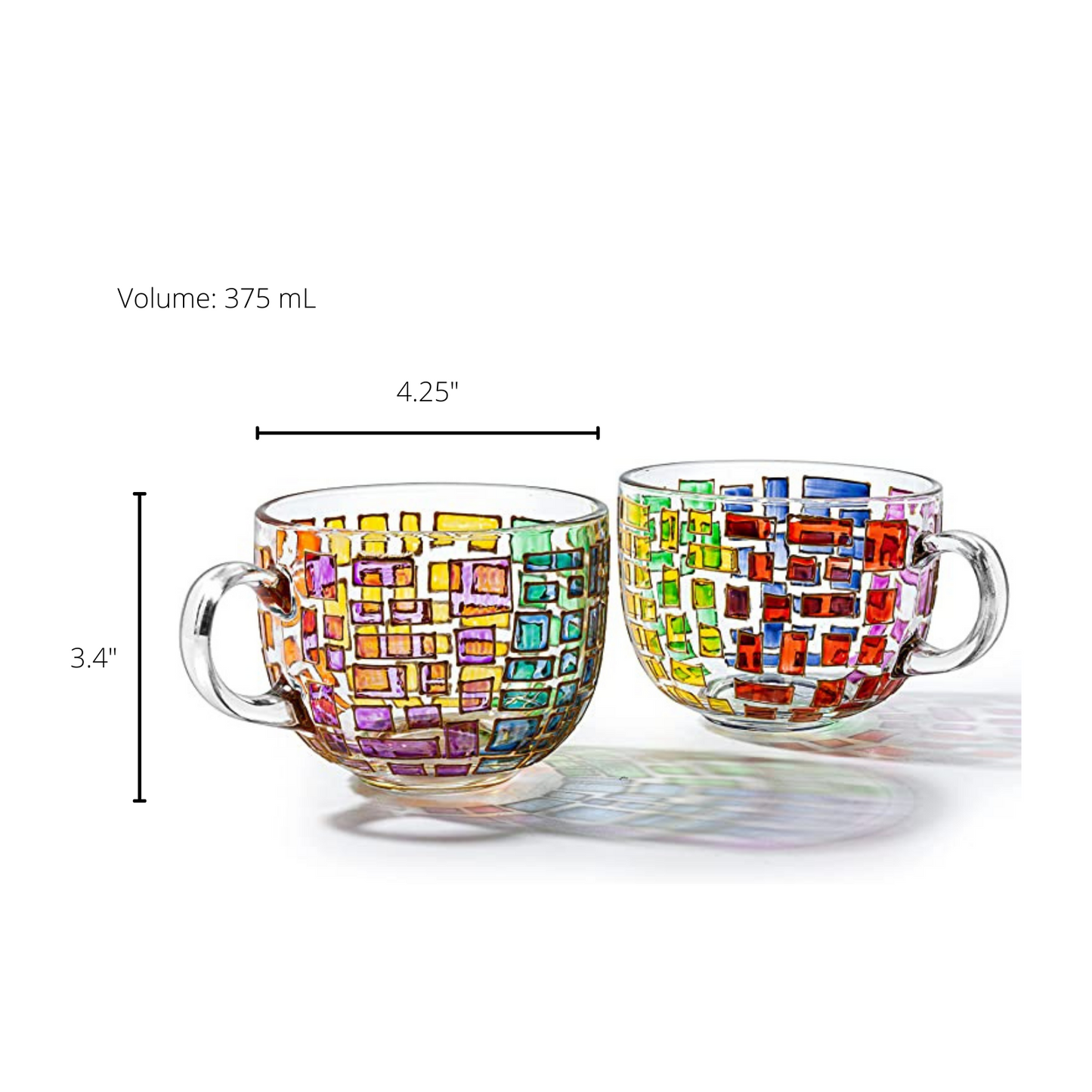 The Wine Savant - Stained Glass Coffee Cup Mug - Set of 2 - Festive Colorful Coffee Cups, Stained Window Glasses, Multicolored Coffee Cups