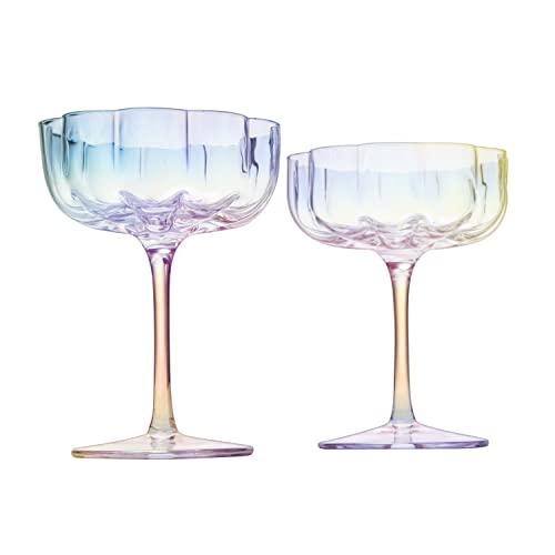 The Wine Savant - Elegant Flower Champagne & Cocktail Coupes - Iridescent - Set of 2, 7oz