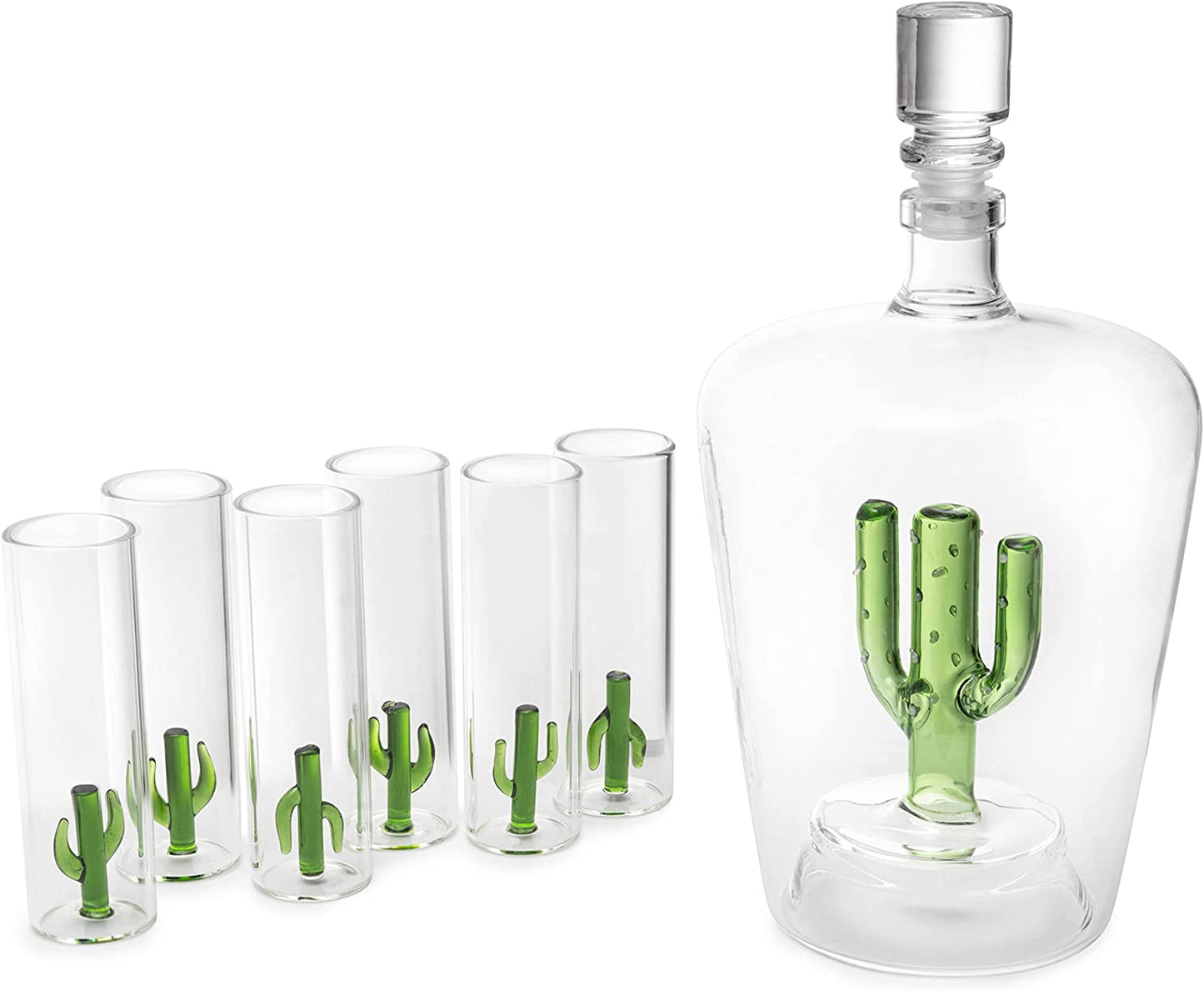 The Wine Savant - Cactus Tequila Set - Agave Decanter - 6 Agave Shot Glasses - Perfect Gift For Any Bar - 25oz Bottle, 3oz Glasses