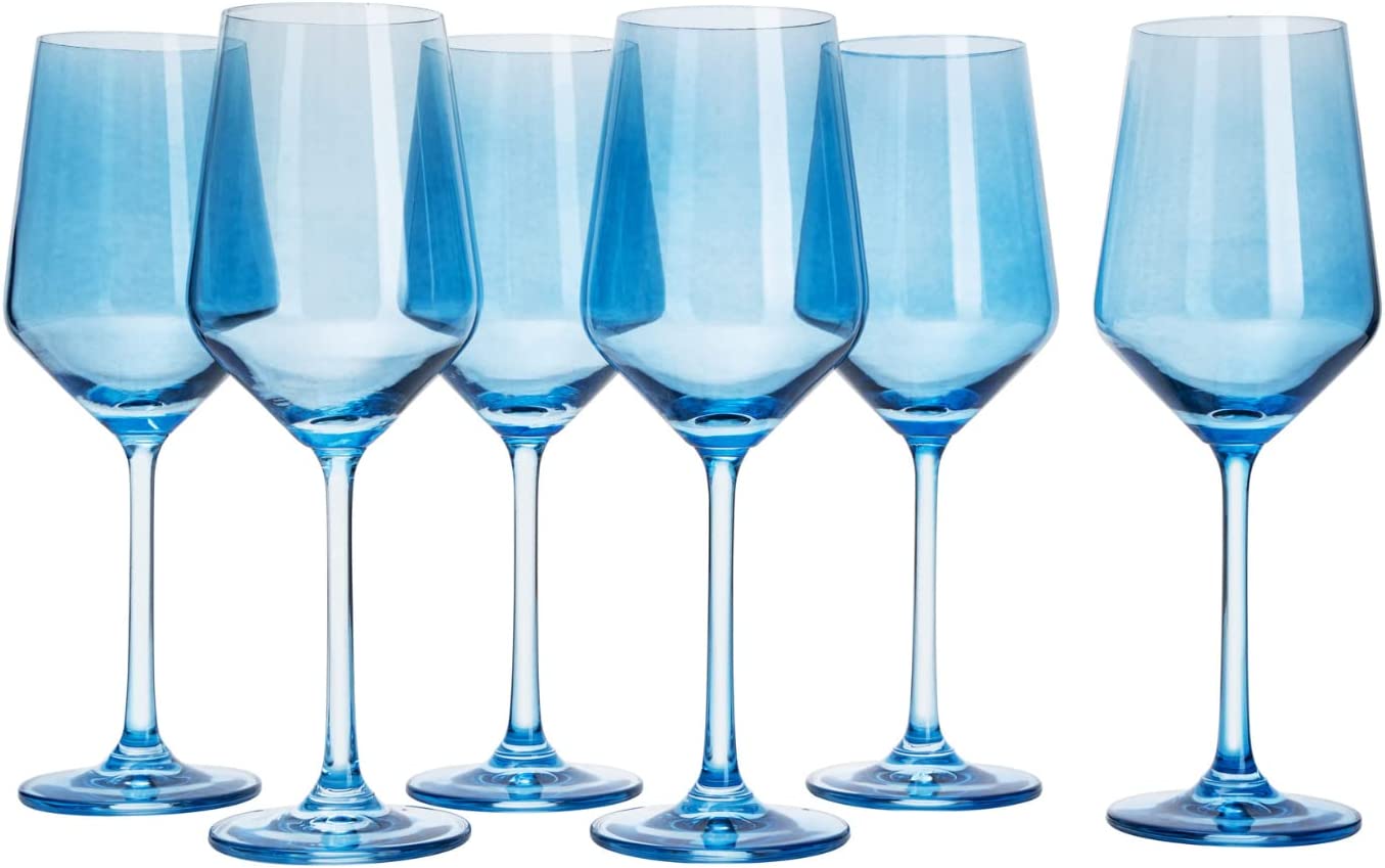 The Wine Savant - Italian Style Crystal Blue Colored Wine Glasses - Set of 6 - 12oz