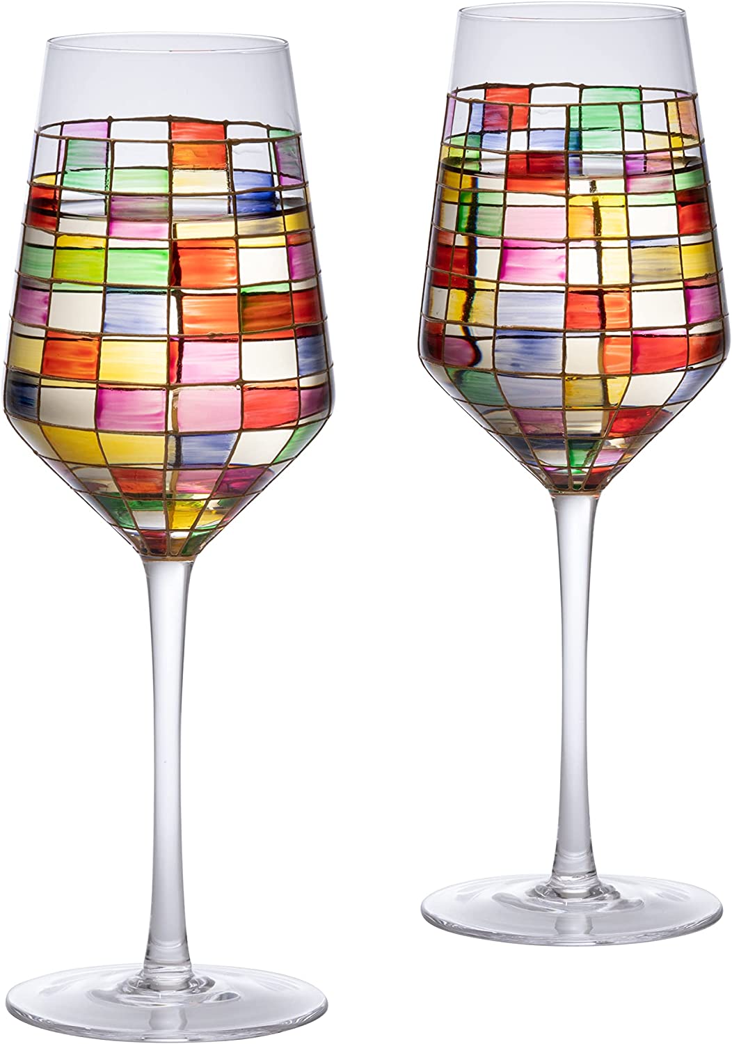 The Wine Savant - Renaissance Stained Wine Glasses - Festive Set of 2 Stemmed Glasses