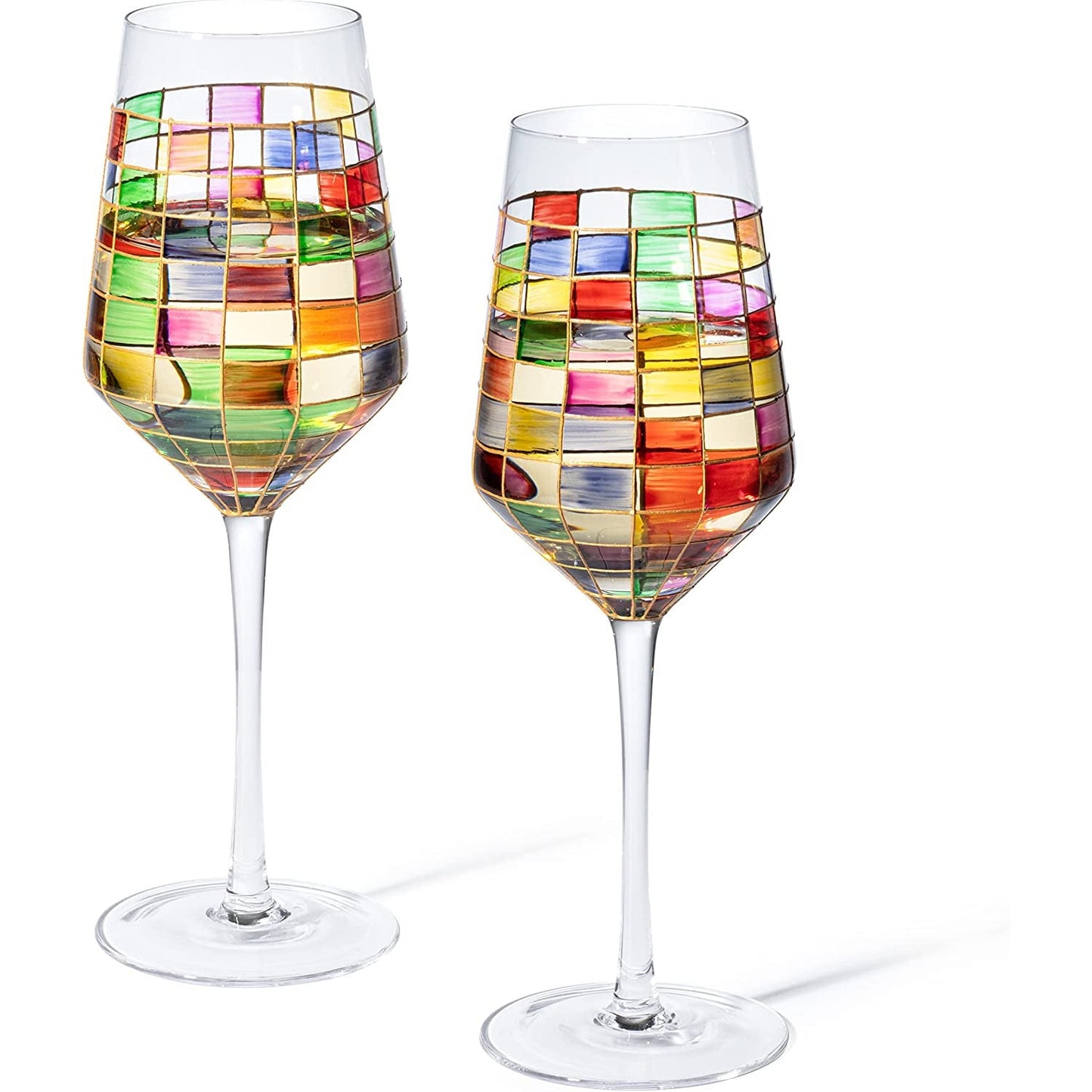 The Wine Savant - Renaissance Stained Wine Glasses - Festive Set of 2 Stemmed Glasses