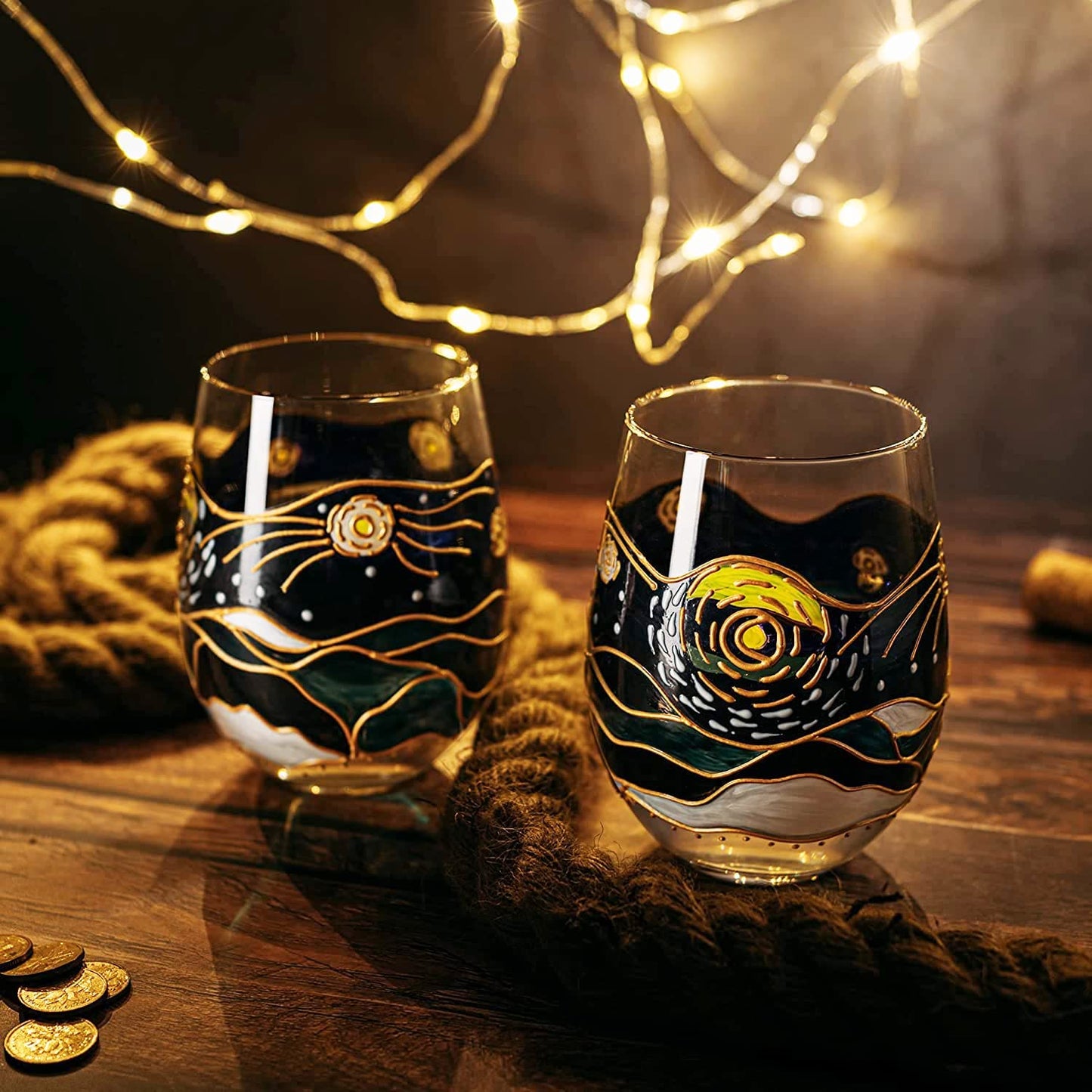 The Wine Savant - Artisanal Hand-Painted Stemless Van Gogh Wine Glasses - Set of 2 - 18oz