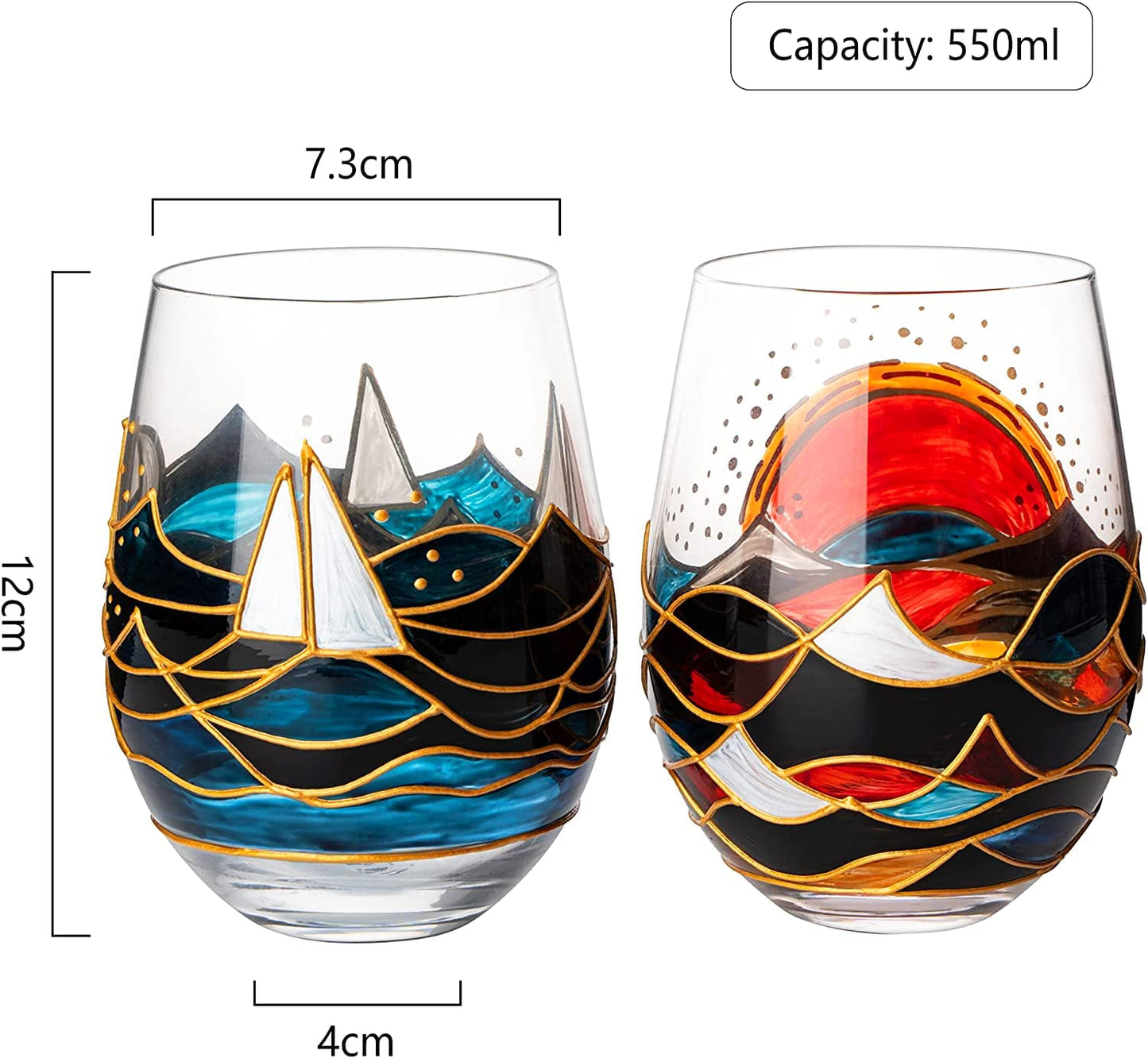 The Wine Savant - Artisanal Hand Painted Stemless Sailboat Wine Glasses  - Set of 2 - 18oz