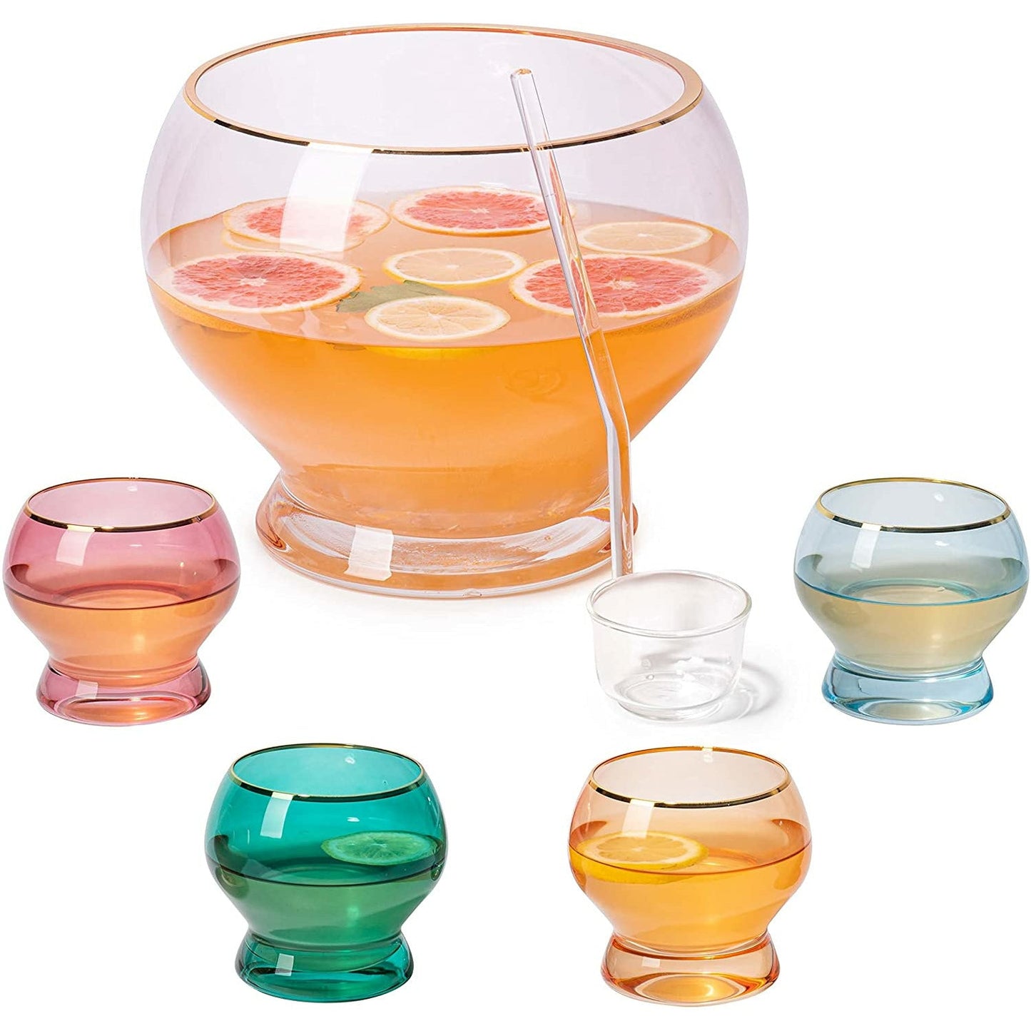 The Wine Savant - Colorful 3-Gallon Party Punch Bowl with 4 10oz Glasses - Set with Ladle - 12" H 8" D