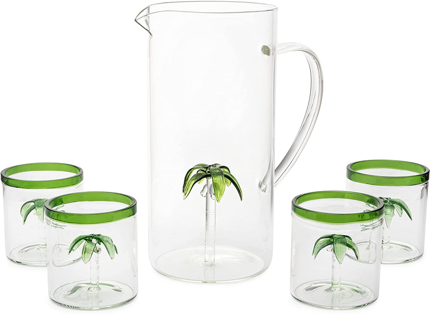 The Wine Savant - Palm Tree Pitcher Mexican Glassware Set - 4 Green Rim Palm Tree Glasses - 9oz