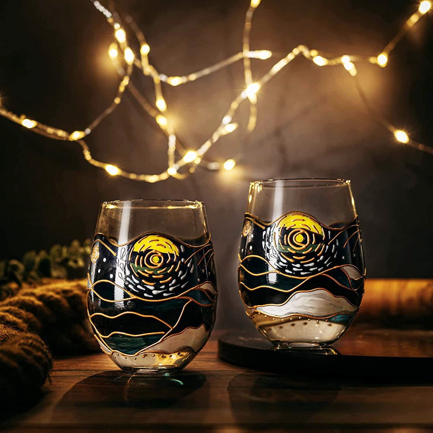 The Wine Savant - Artisanal Hand-Painted Stemless Van Gogh Wine Glasses - Set of 2 - 18oz