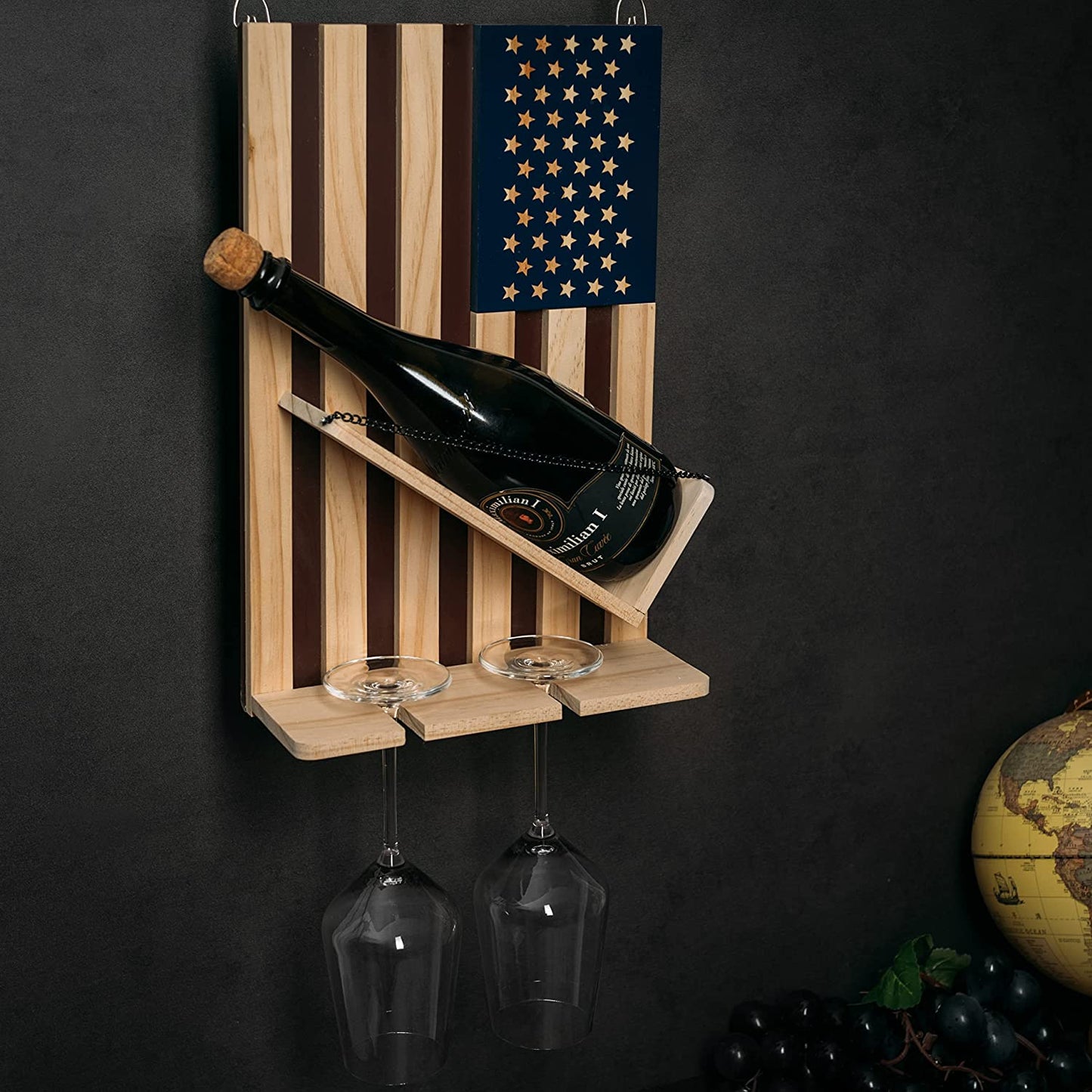 The Wine Savant - American Flag Wine & Bottle Wall Rack Holder with 2 Wine Glasses - Patriotic Centerpiece
