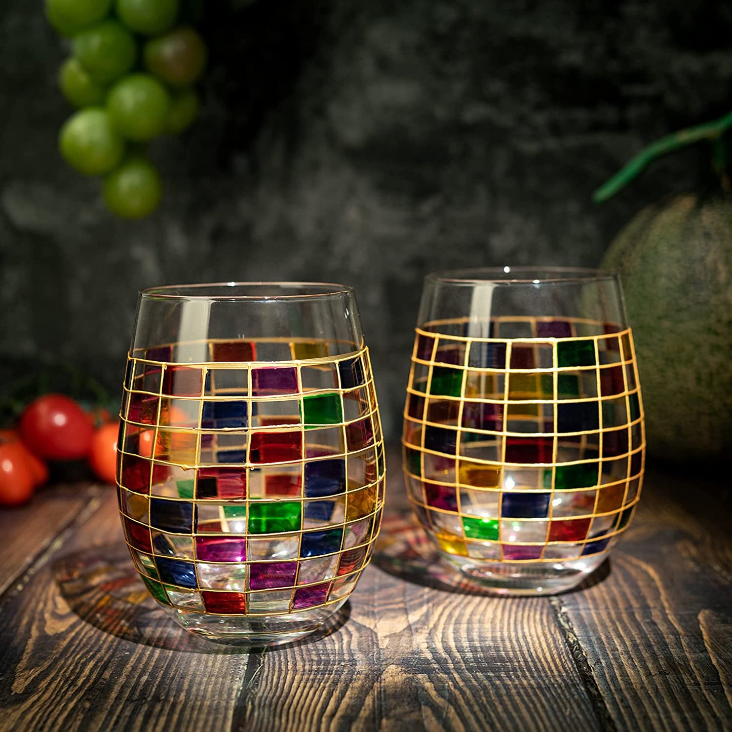 The Wine Savant - Stemless Wine Glasses - Renaissance Stained Glass Design - Set of 2