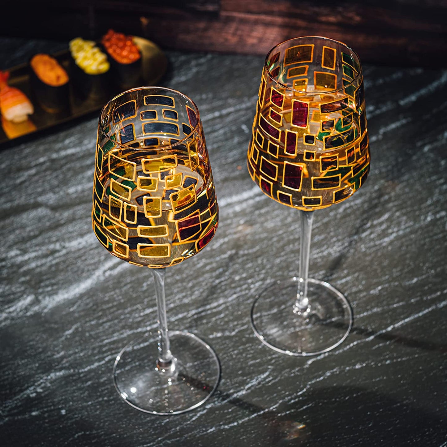 Renaissance Stained Glass Rainbow Stemmed Wine Glasses - Set of 2 - 12oz