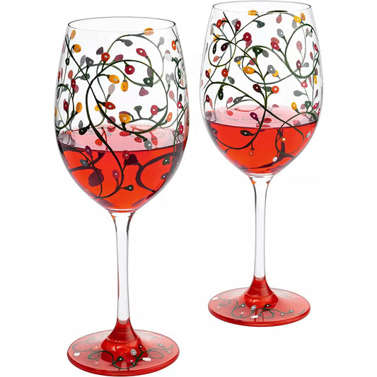 Stemmed Christmas Lights Wine Glasses Set of 2 - Hand Painted Wine Glass Ornament Light Bulbs Glasses, Perfect for Wine, Champagne, Holiday Parties and Festivities - 9.5" High, 21 oz Capacity by The Wine Savant
