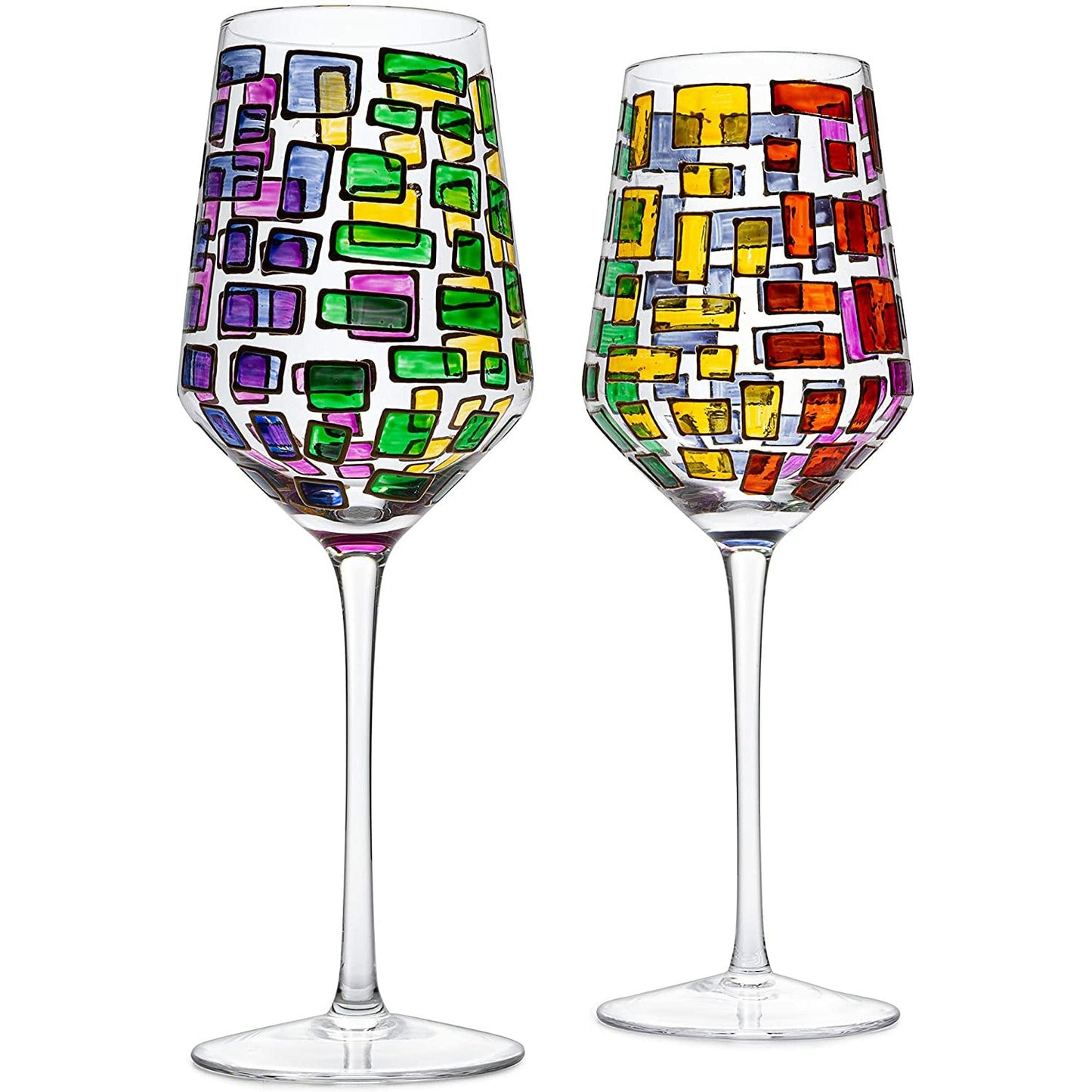 Renaissance Stained Glass Rainbow Stemmed Wine Glasses - Set of 2 - 12oz