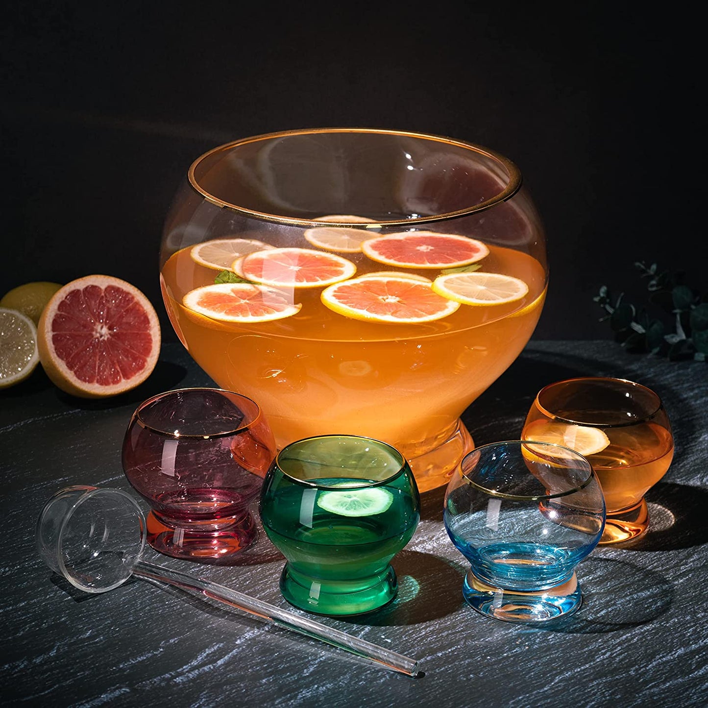 The Wine Savant - Colorful 3-Gallon Party Punch Bowl with 4 10oz Glasses - Set with Ladle - 12" H 8" D