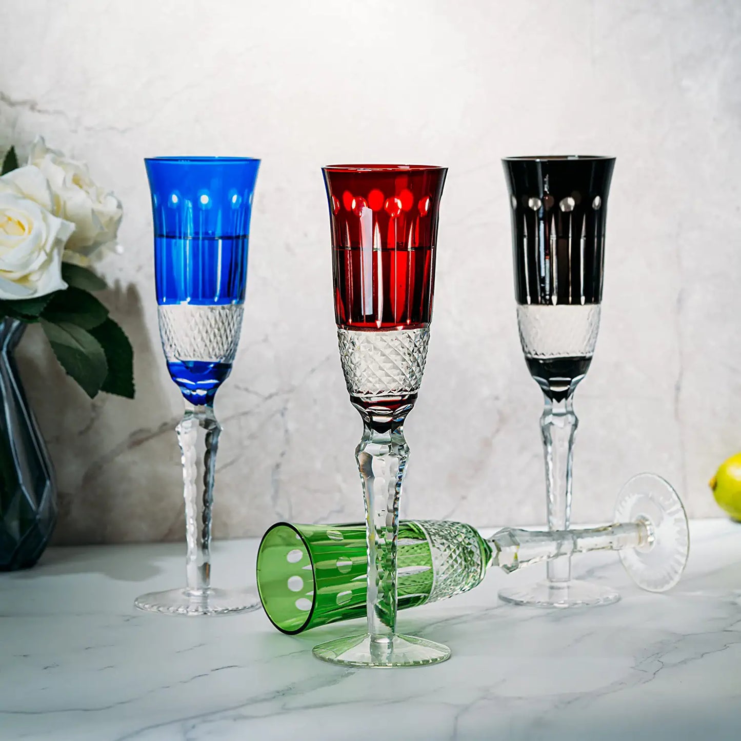 The Wine Savant - Multicolor Crystal Italian Design Flutes - Set of 4 - 5oz