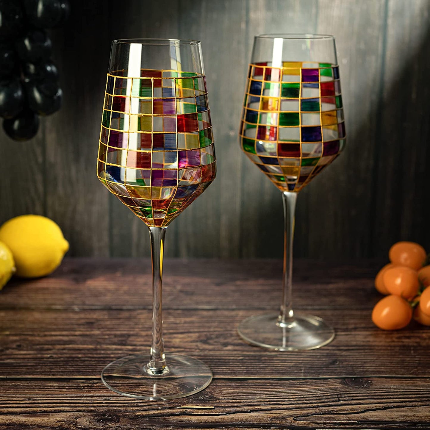 The Wine Savant - Renaissance Stained Wine Glasses - Festive Set of 2 Stemmed Glasses