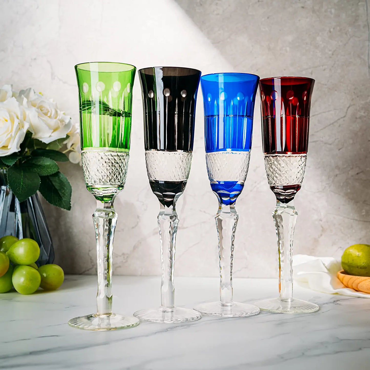 The Wine Savant - Multicolor Crystal Italian Design Flutes - Set of 4 - 5oz