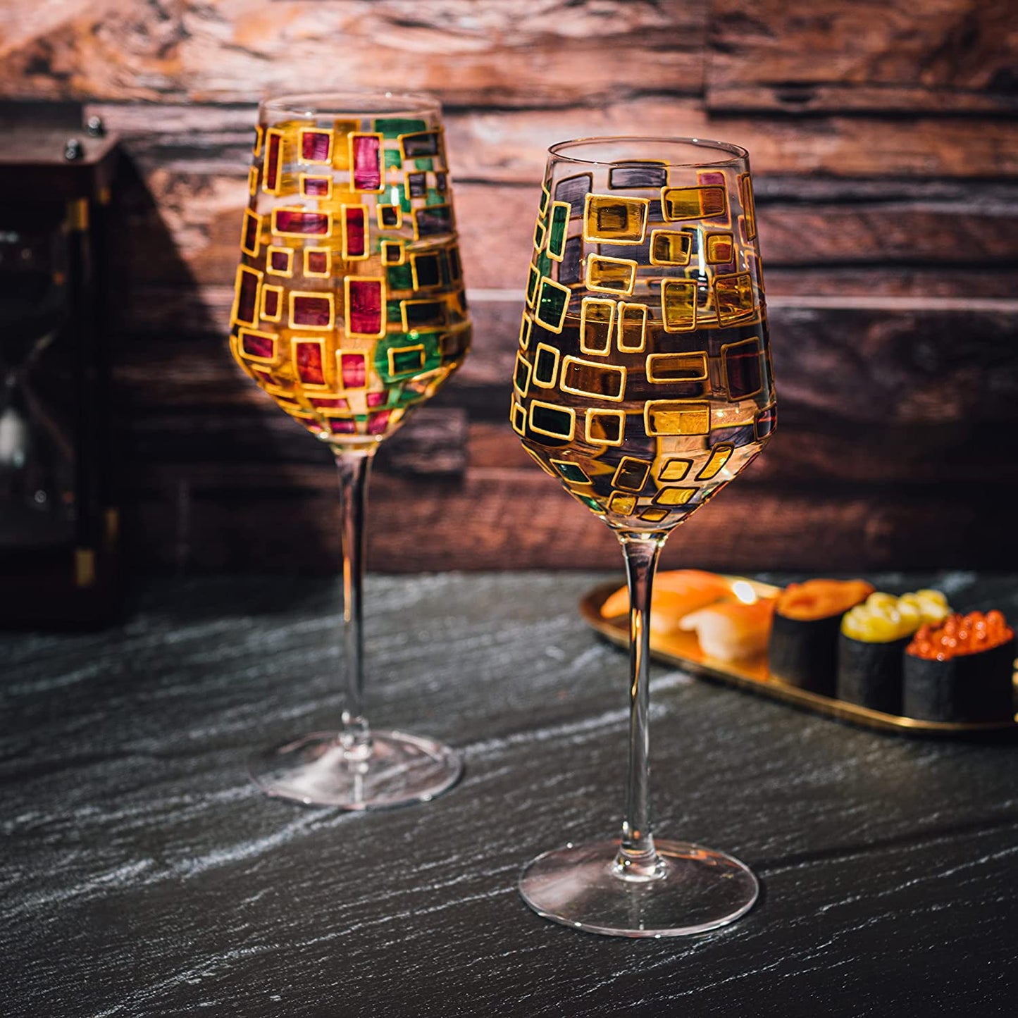 Renaissance Stained Glass Rainbow Stemmed Wine Glasses - Set of 2 - 12oz