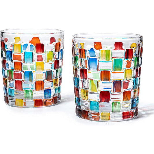 The Wine Savant - Artisanal Hand Painted Stained Glass Window Whiskey Tumblers - Set of 2 - 10oz