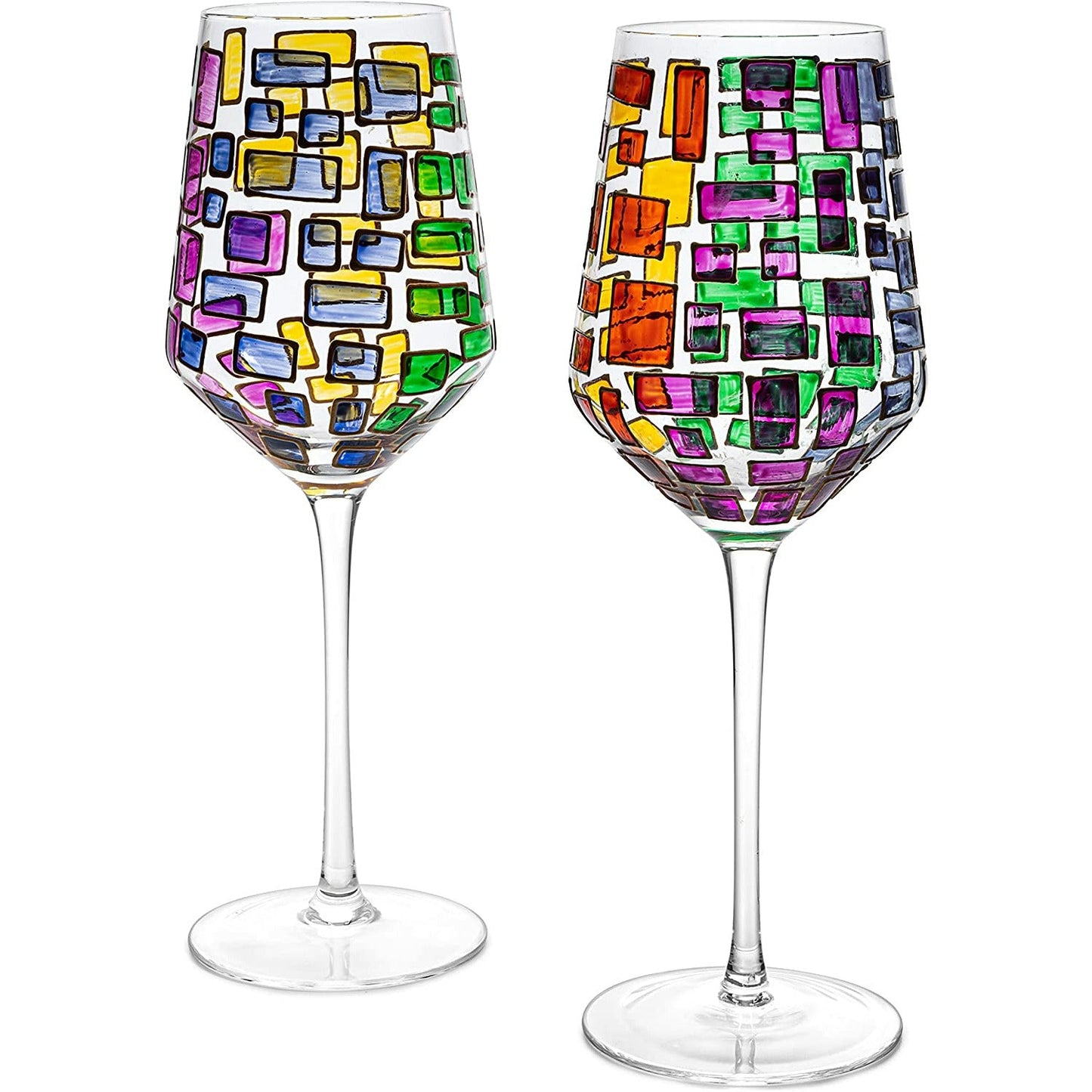 Renaissance Stained Glass Rainbow Stemmed Wine Glasses - Set of 2 - 12oz