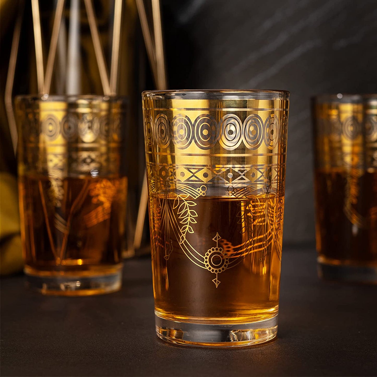 The Wine Savant - Gold Moroccan Glasses Artisan Hand-Made Multipurpose Glasses - 220 ml 7.5 oz - Tea and Wine Tumbler - Marrakech & Casablanca Tea Cups - Set of 6