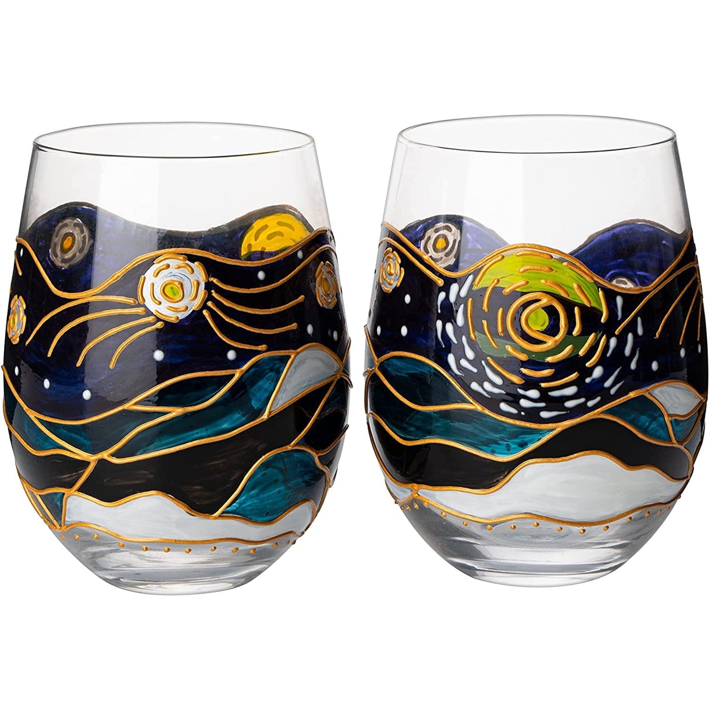The Wine Savant - Artisanal Hand-Painted Stemless Van Gogh Wine Glasses - Set of 2 - 18oz