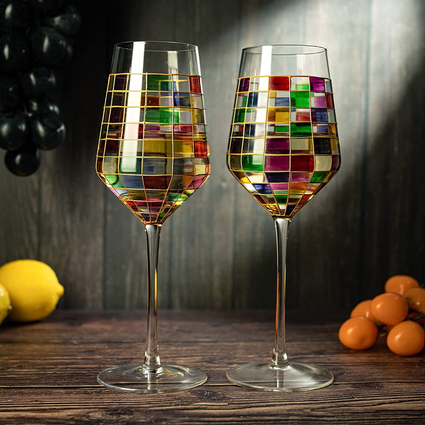The Wine Savant - Renaissance Stained Wine Glasses - Festive Set of 2 Stemmed Glasses
