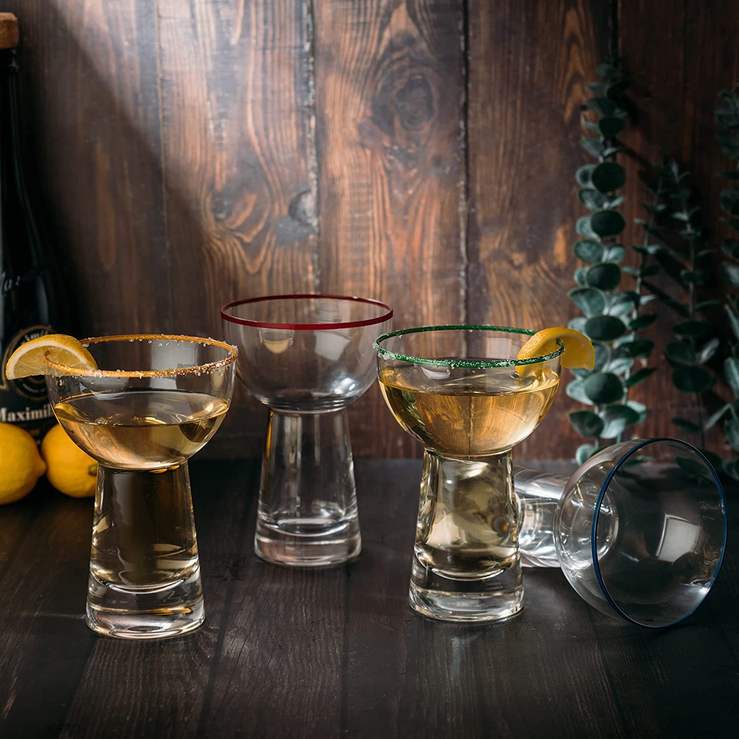 The Wine Savant - Stemless Margarita Glasses with Colored Party Rims - Set of 4 - 15oz