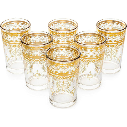 The Wine Savant - Gold Moroccan Glasses Artisan Hand-Made Multipurpose Glasses - 220 ml 7.5 oz - Tea and Wine Tumbler -  Marrakech & Casablanca Tea Cups - Set of 6