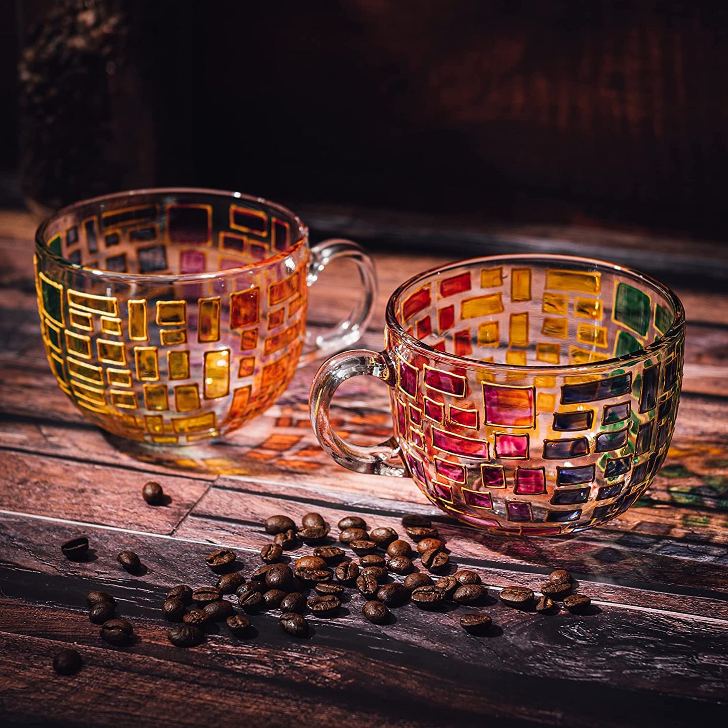 The Wine Savant - Stained Glass Coffee Cup Mug - Set of 2 - Festive Colorful Coffee Cups, Stained Window Glasses, Multicolored Coffee Cups