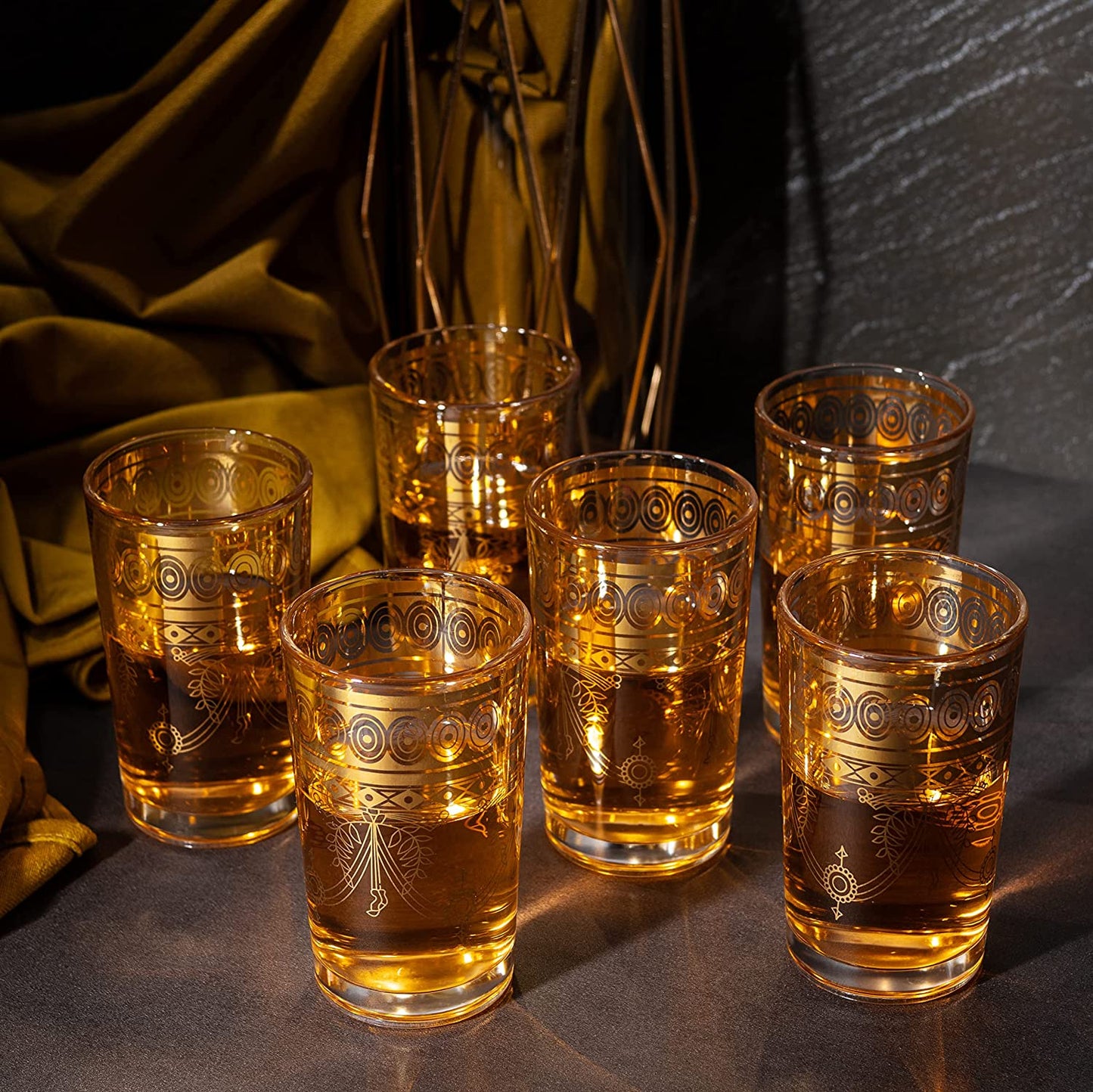 The Wine Savant - Gold Moroccan Glasses Artisan Hand-Made Multipurpose Glasses - 220 ml 7.5 oz - Tea and Wine Tumbler - Marrakech & Casablanca Tea Cups - Set of 6