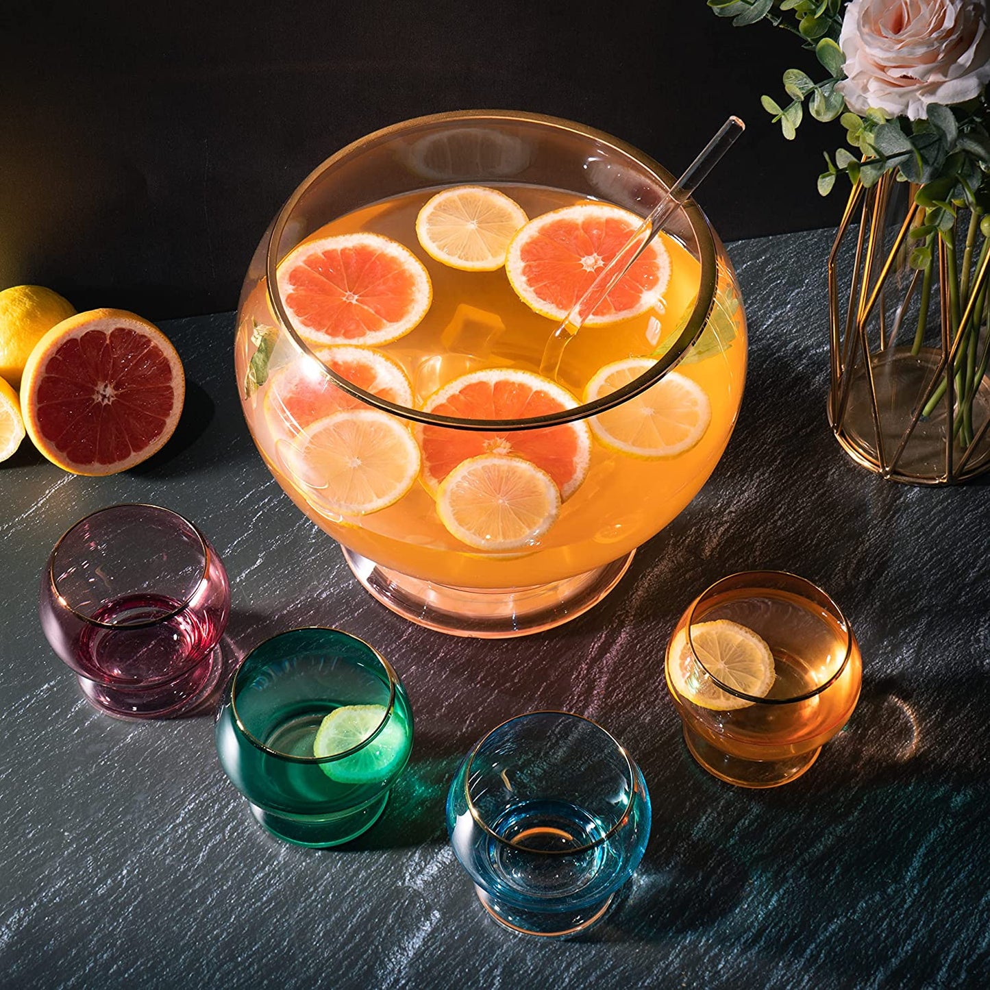 The Wine Savant - Colorful 3-Gallon Party Punch Bowl with 4 10oz Glasses - Set with Ladle - 12" H 8" D