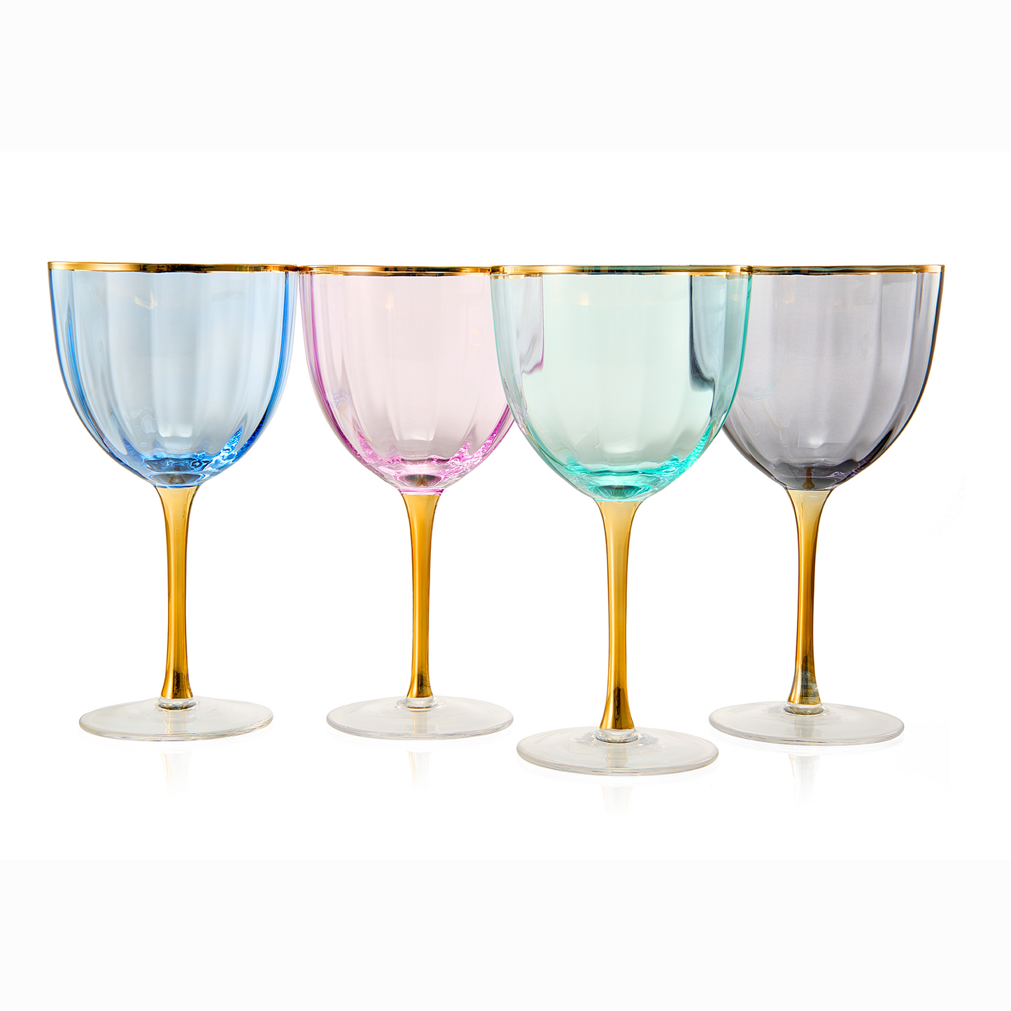 The Wine Savant - Art Deco Colored Stemmed Crystal Wine Glasses - Gilded Rim & Gold Stem - Set of 4 - 18 oz