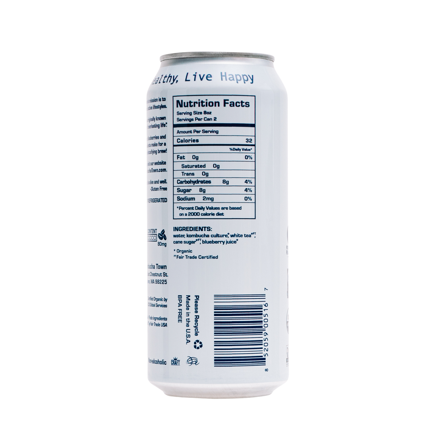 KombuchaTown - Blueberry White - 6 or 12 pack of 16oz cans