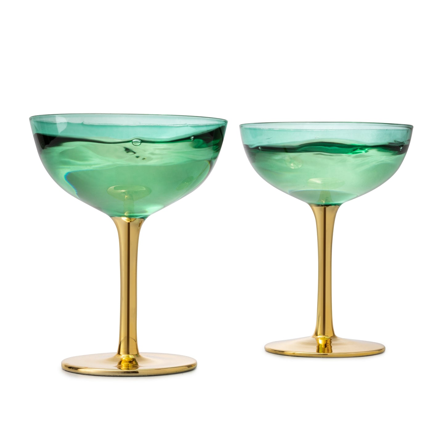 Colored Coupe Art Deco Glasses, Gold | Set of 2 | 12 oz Classic Cocktail Glassware for Champagne, Martini, Manhattan, Sidecar, Crystal Speakeasy Style Goblets Stems, Vintage Blue, Teal, Green by The Wine Savant