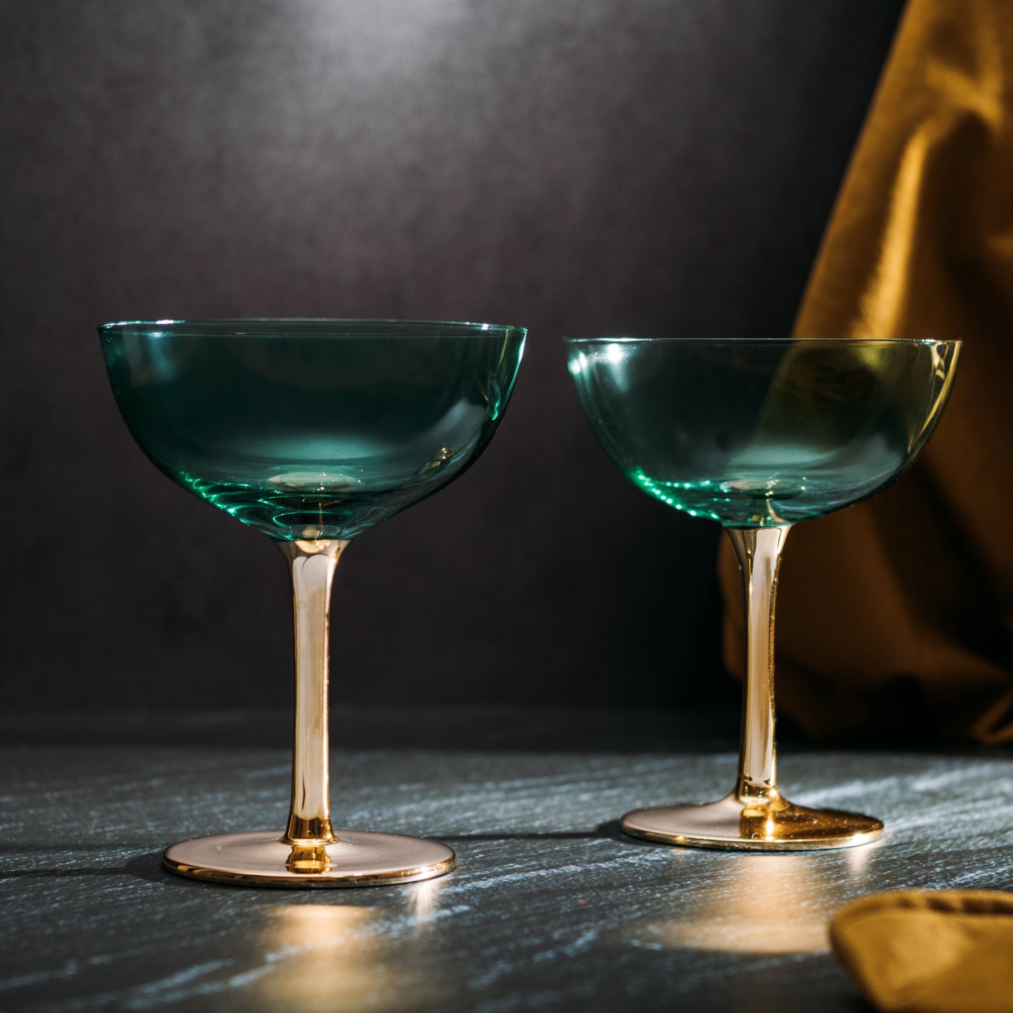 Colored Coupe Art Deco Glasses, Gold | Set of 2 | 12 oz Classic Cocktail Glassware for Champagne, Martini, Manhattan, Sidecar, Crystal Speakeasy Style Goblets Stems, Vintage Blue, Teal, Green by The Wine Savant