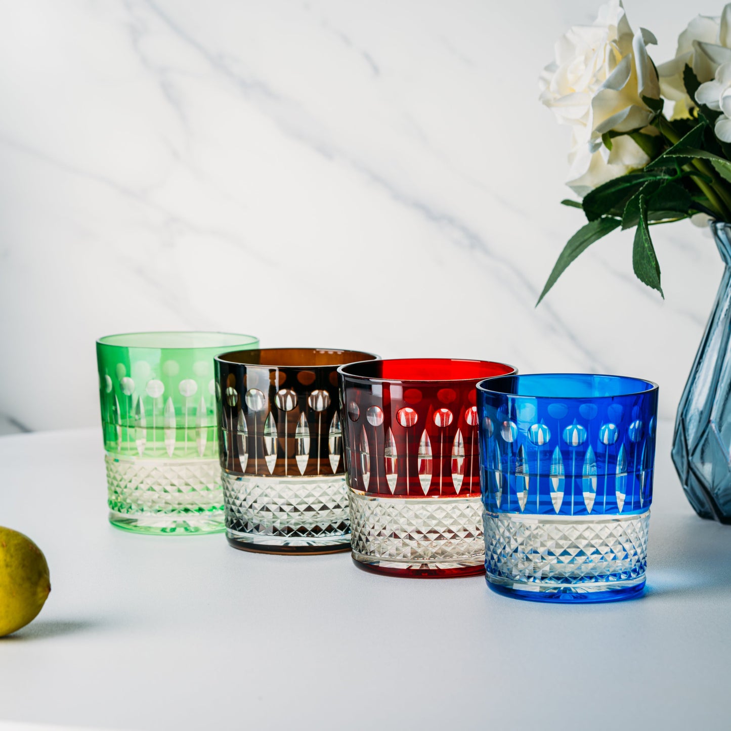 The Wine Savant - Multicolor Crystal Italian Design Cups - Set of 4 Whiskey Glasses