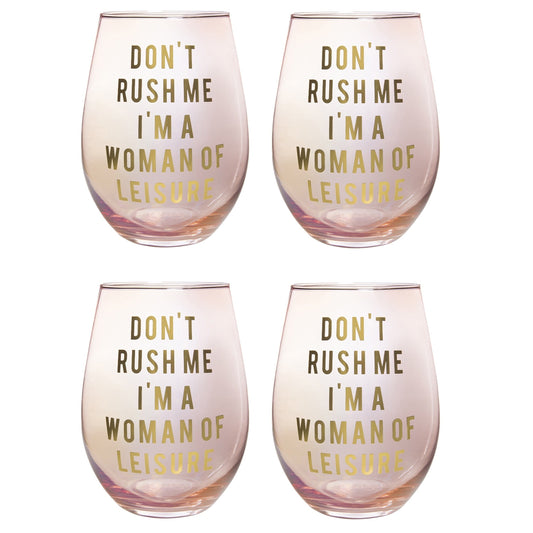 The Bullish Store - Don't Rush Me I'm a Woman Of Leisure Stemless Wine Glass in Rose and Gold - Set of 4 - 20oz