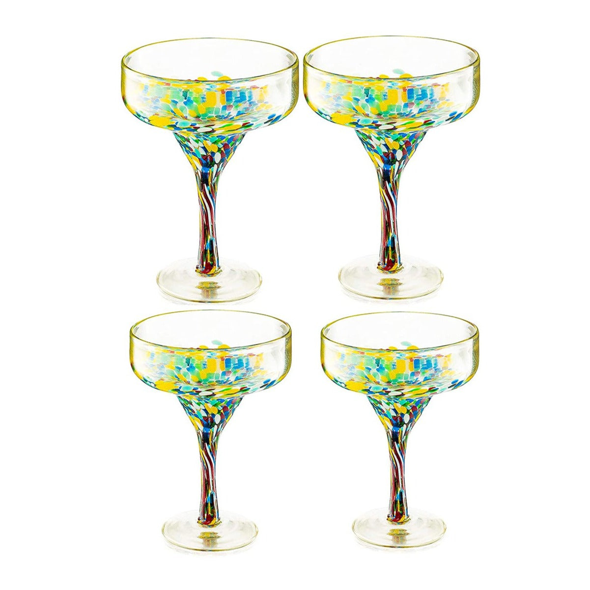 The Wine Savant Mexican Margarita Hand Blown Glass - Set of 4 - Large 16oz,  Luxury Margarita Glasses, Mexico Design Large 16oz Confetti Rim Carmen