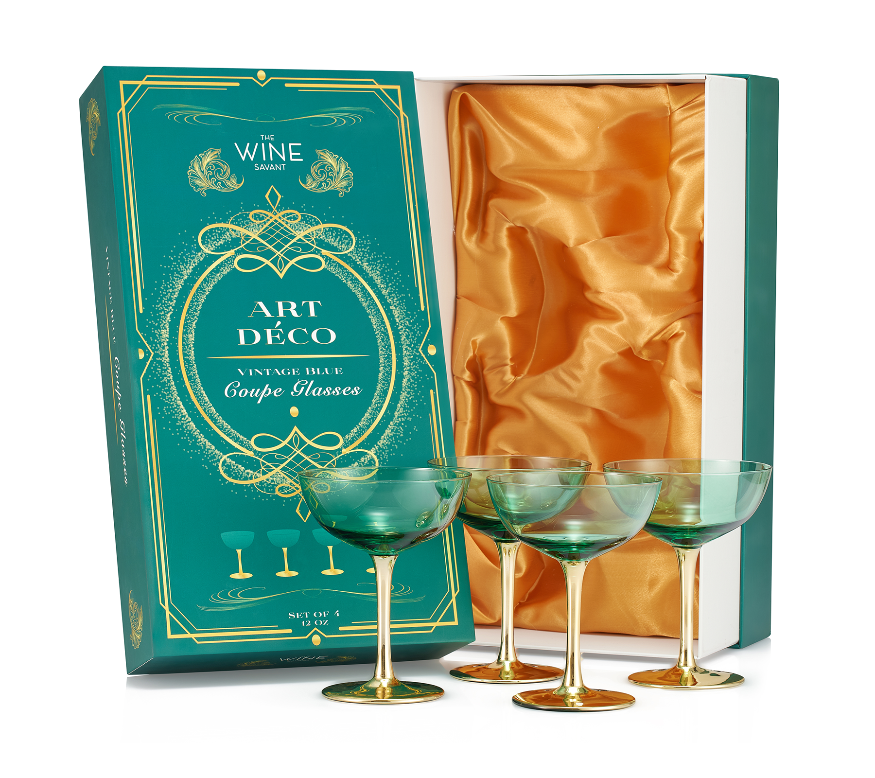 Set of 4 Blue Wine Glasses Gold Diamond Stemmed 14 oz by The Wine Savant -  Gold Rim Wine Glasses, Blue Colored Wine Glasses Luxury Wine Glassware Wine