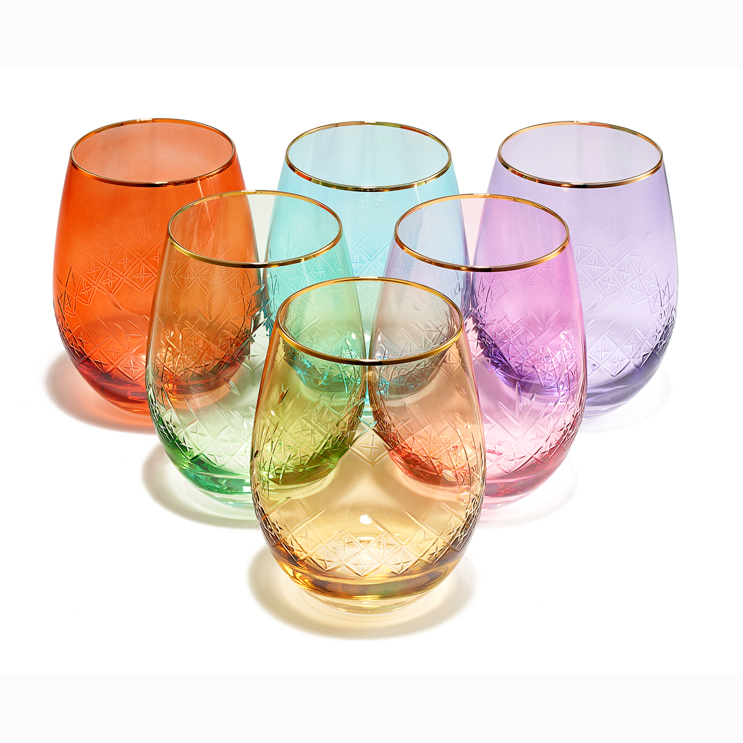 The Wine Savant - Art Deco Colored Crystal Stemless Wine Glass - Etched & Gold-Rimmed Set of 6 - 15 oz
