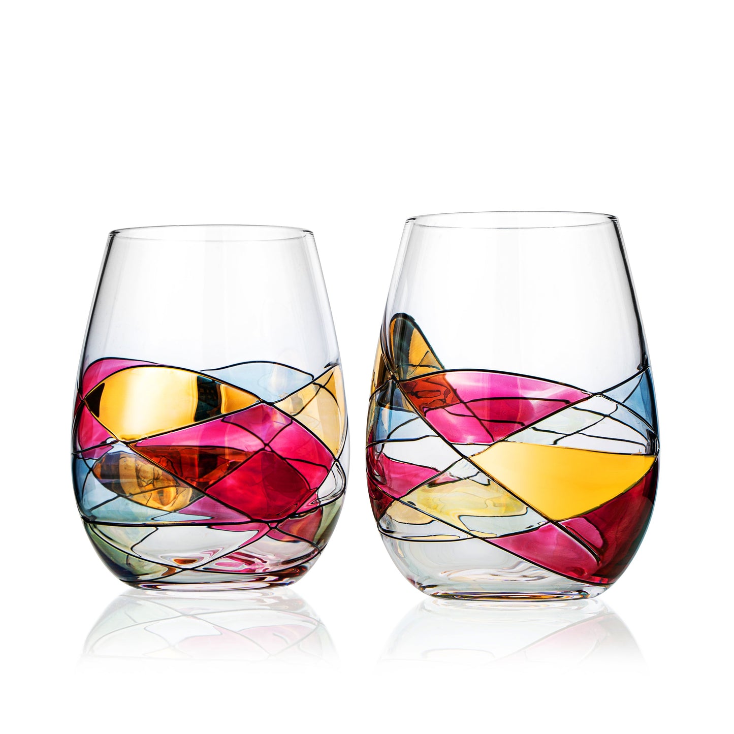 The Wine Savant - Artisanal Hand-Painted Stemless - Renaissance Stained Glass Window Design - Set of 2