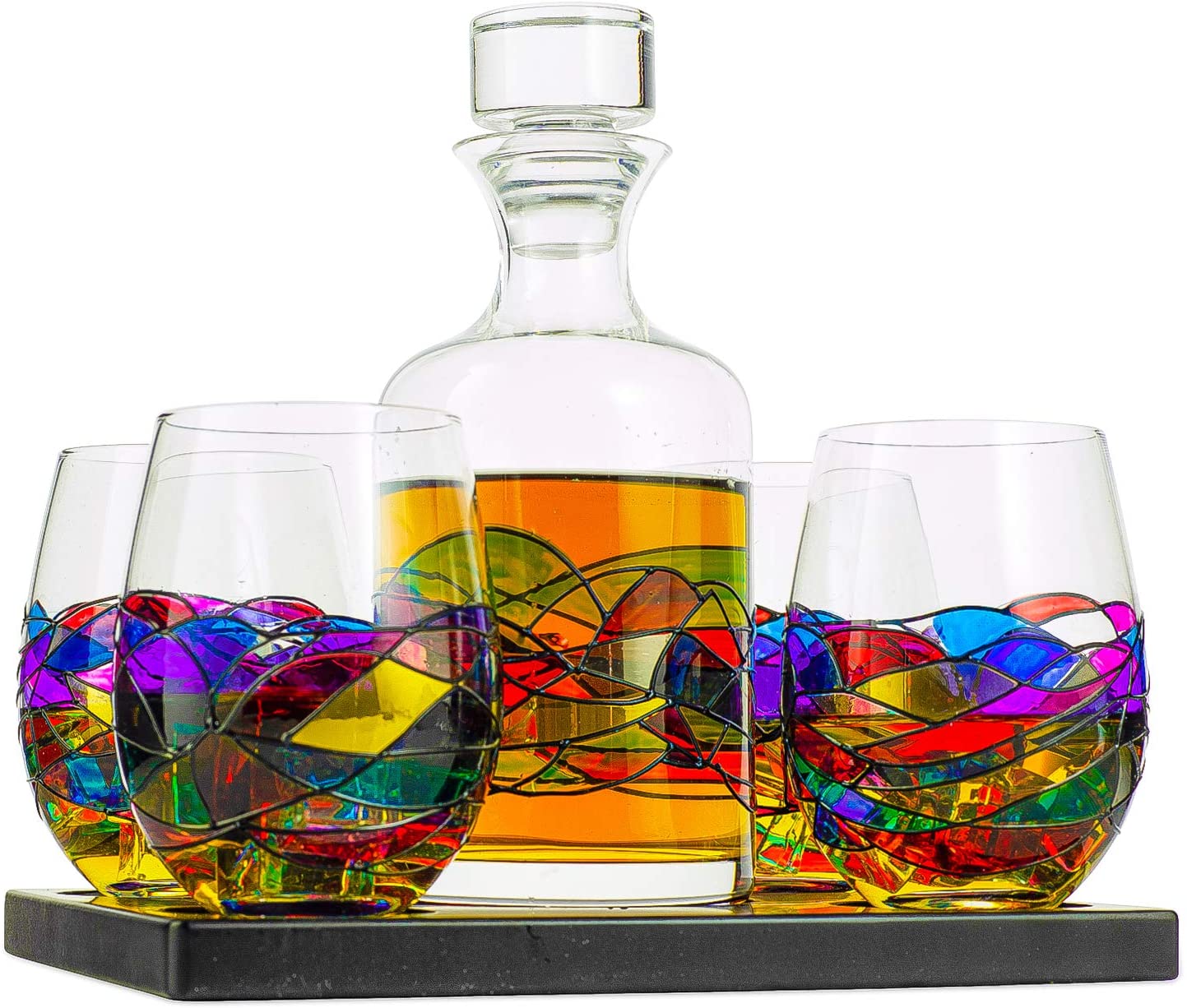 The Wine Savant - Artisanal Hand Painted Whiskey & Wine Decanter Set - 16oz / 750ml