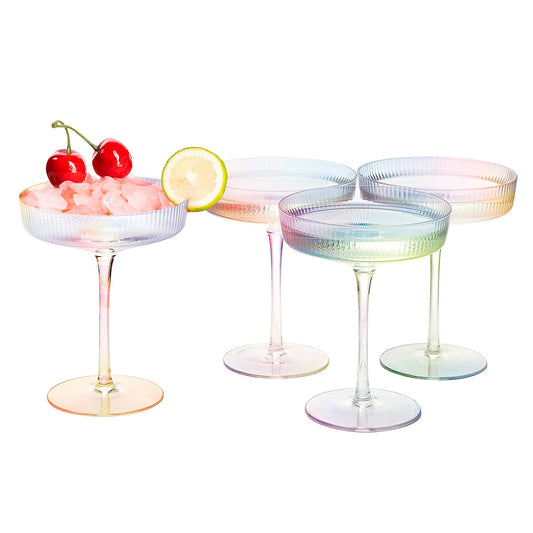 The Wine Savant - Ripple Ribbed Champagne Coupe - Set of 4 - Iridescent Colored Glasses - 8oz