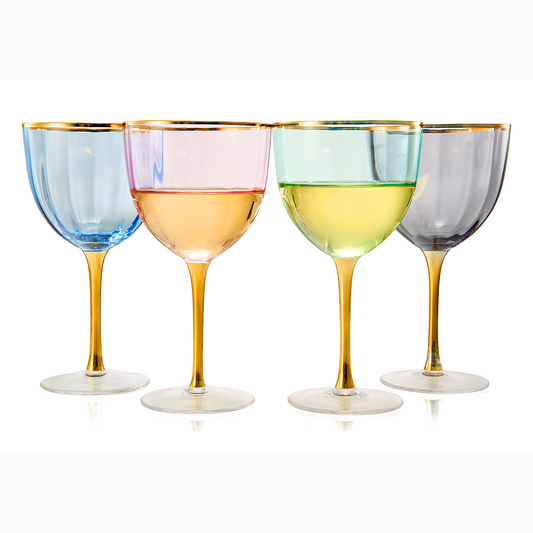 The Wine Savant - Art Deco Colored Stemmed Crystal Wine Glasses - Gilded Rim & Gold Stem - Set of 4 - 18 oz